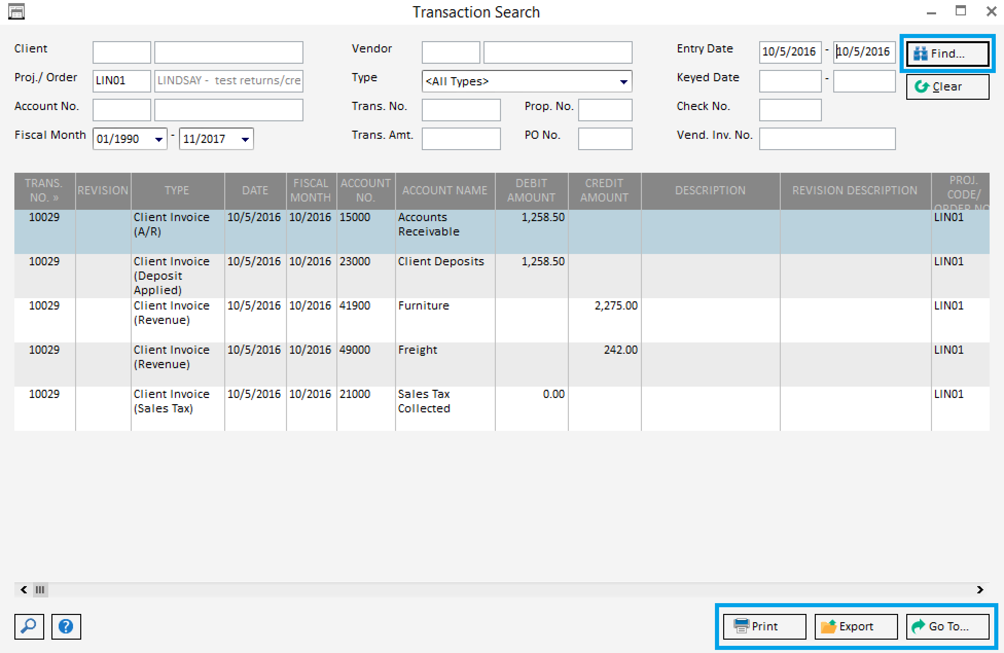transaction search window