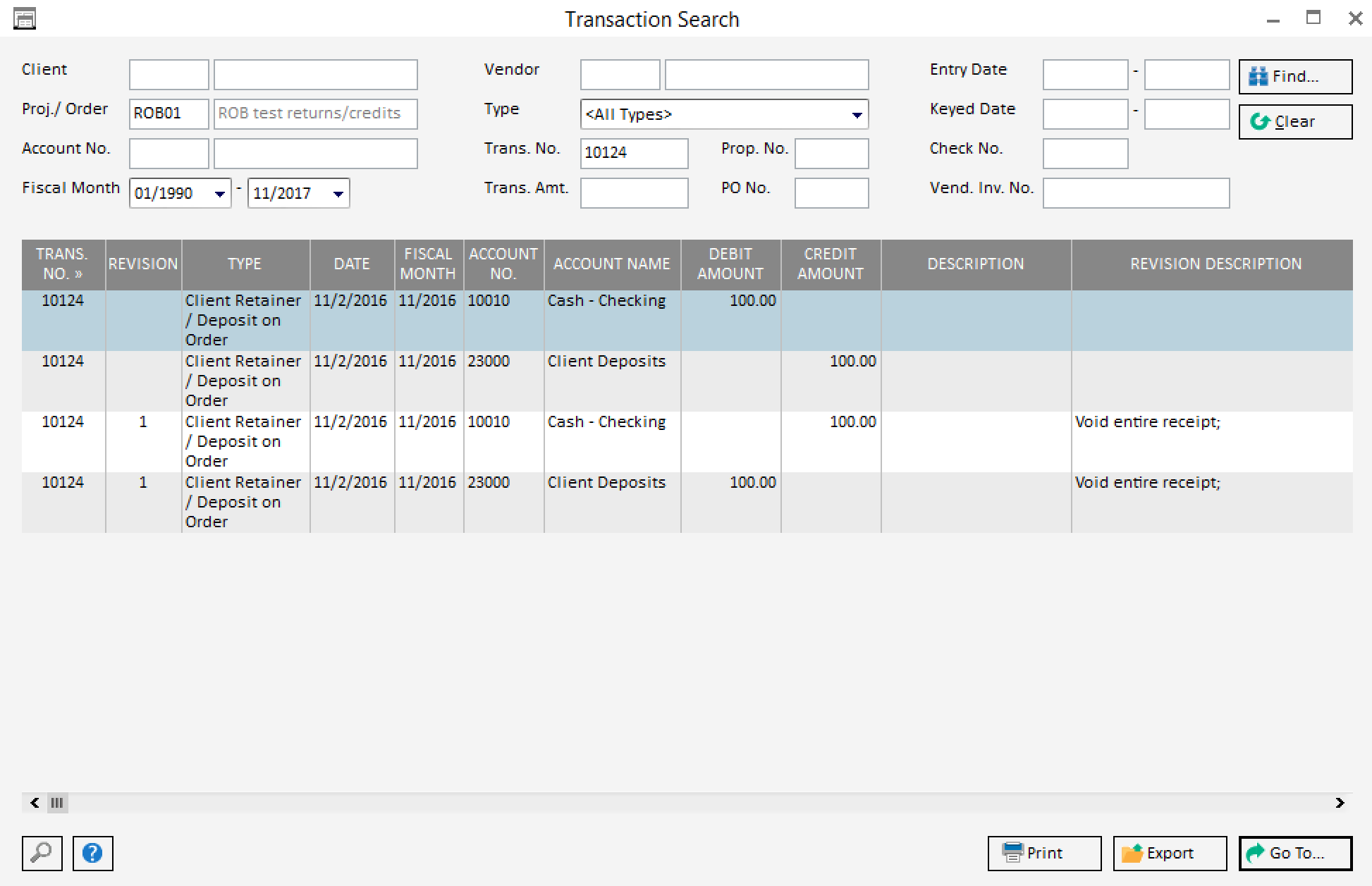 transaction search window