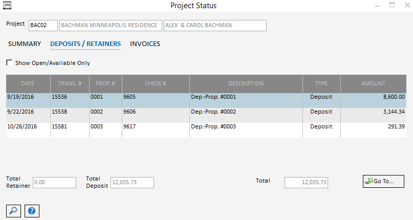Pro Project Status-Deposits