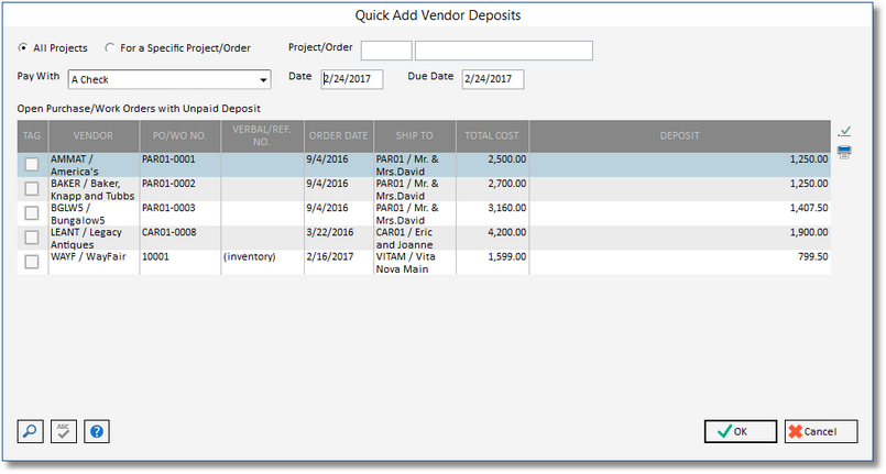 Quick Add Vendor Deposits